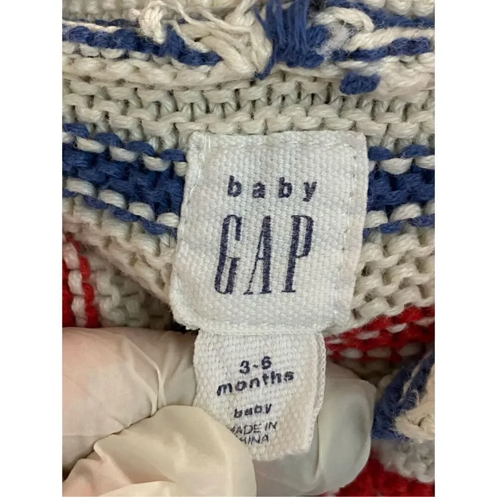 Baby GAP White/Blue/Red Striped Bear Ear Hooded Cardigan Sweater Baby Size 3-6 M
